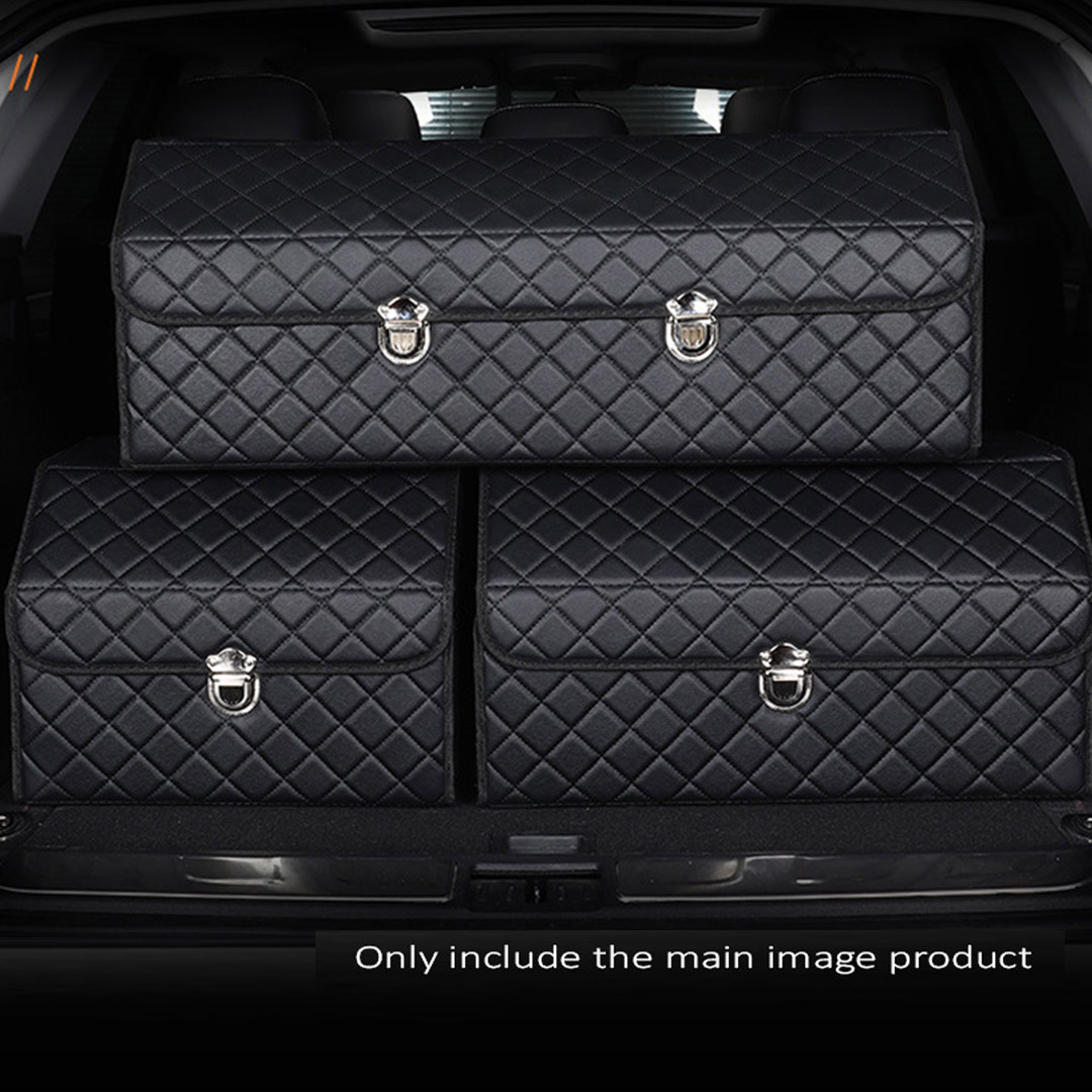 SOGA Leather Car Boot Collapsible Foldable Trunk Cargo Organizer Portable Storage Box Black/White Stitch with Lock Medium, , , , , ,  - AU DEPOT 9