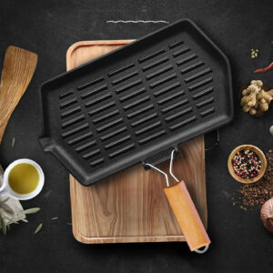 SOGA Rectangular Cast Iron Griddle Grill Frying Pan with Folding Wooden Handle, Home & Living, Kitchen & Dining, Cookware, Frying Pans, ,  - AU DEPOT 2