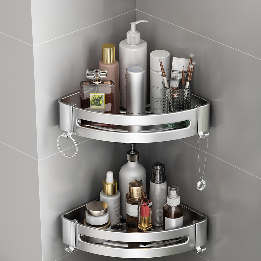 SOGA Silver Wall-Mounted Triangular Bathroom Storage Corner Vanity Organiser Space Saving Adhesive Shelf Rack with Hooks, , , , , ,  - AU DEPOT 4