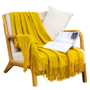 SOGA Yellow Diamond Pattern Knitted Throw Blanket Warm Cozy Woven Cover Couch Bed Sofa Home Decor with Tassels, , , , , ,  - AU DEPOT 1