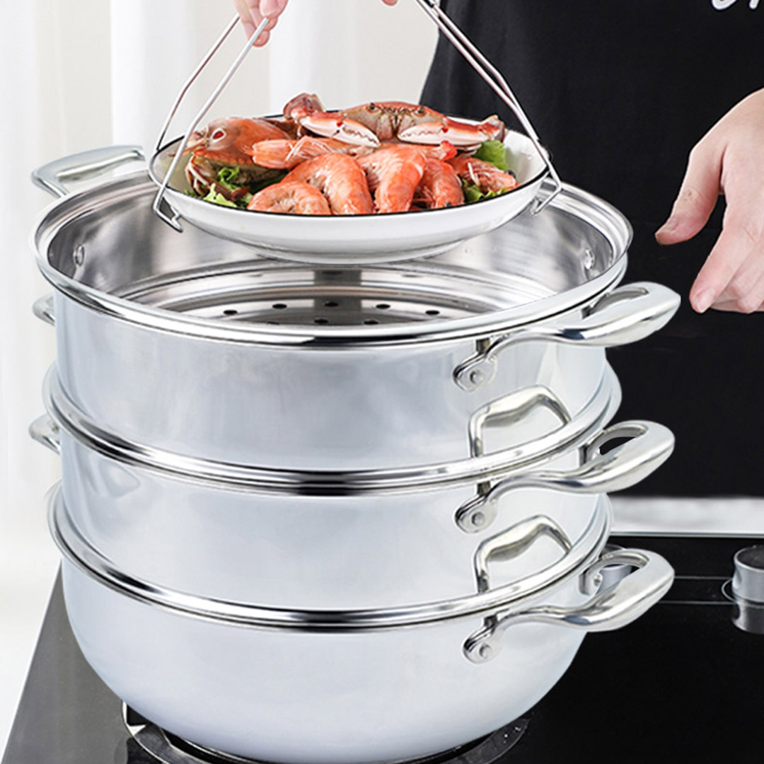 SOGA 3 Tier 32cm Heavy Duty Stainless Steel Food Steamer Vegetable Pot Stackable Pan Insert with Glass Lid, , , , , ,  - AU DEPOT 7