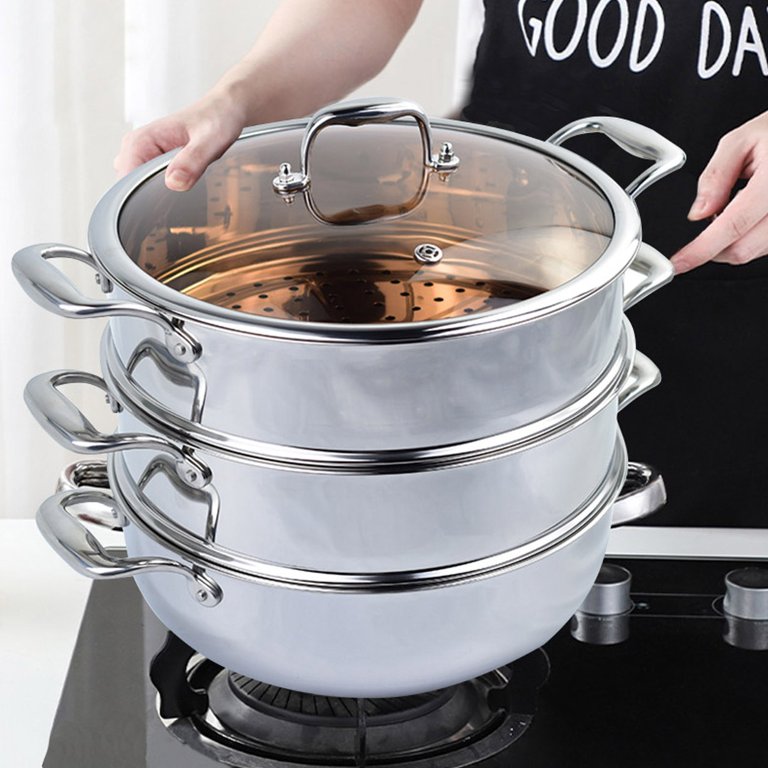 SOGA 3 Tier 32cm Heavy Duty Stainless Steel Food Steamer Vegetable Pot Stackable Pan Insert with Glass Lid, , , , , ,  - AU DEPOT 8