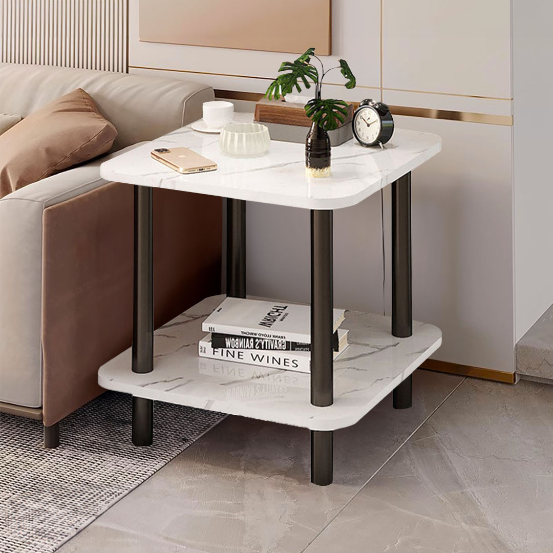 SOGA 70cm White Ceramic Table Stone Pattern Modern Design with Black Metal Legs, , , , , ,  - AU DEPOT 2